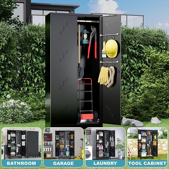 71" Metal Tools Storage Cabinet with Doors and Shelves, Outdoor Storage Sheds with Lock, Black Cleaning Supplies Organization Cabinet with Hanging Rod for Garage, Outdoor,