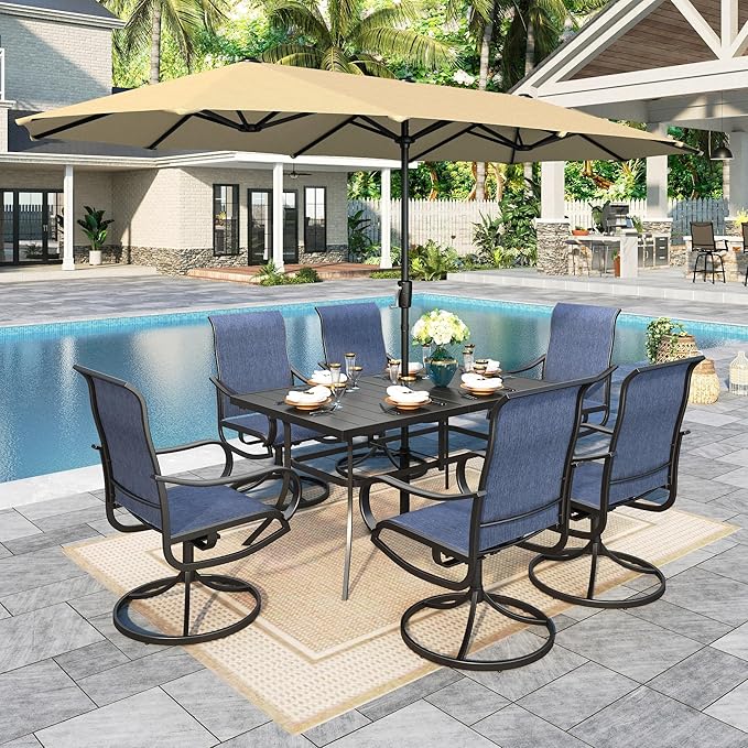 Sophia & William Patio Set with Umbrella 8 Pieces Outdoor Dining Set for 6 with 13ft Large Patio Umbrella Beige, 6 x Blue Swivel Patio Chairs with 59" Dining Table for Lawn Garden