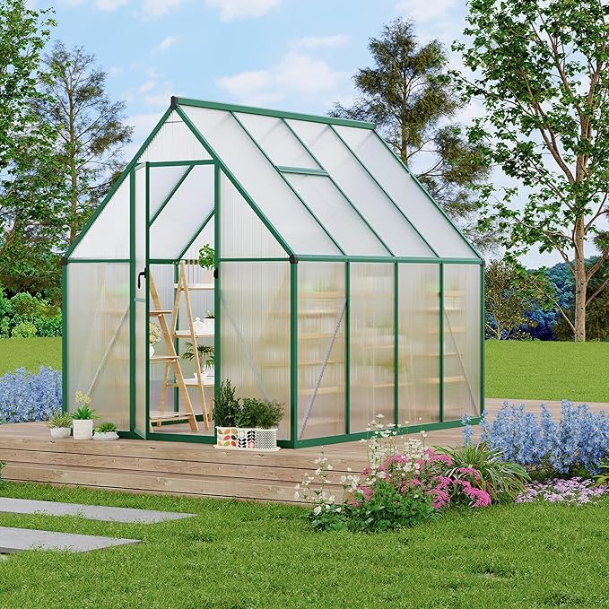 6X7 ft Polycarbonate Greenhouse with Aluminum Frame, Polycarbonate Greenhouse for Outdoors, Greenhouses with Ventilation, Aluminum Large Walk-in Greenhouses for Outside