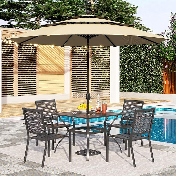 PHI VILLA 5 Pieces Patio Dining Set for 4 with 10ft Patio Umbrella, Metal Outdoor Stackable Wrought Iron Chair Set of 4 & 37" Metal Dining Table,3 Tier Vented Market Table Beige Umbrella