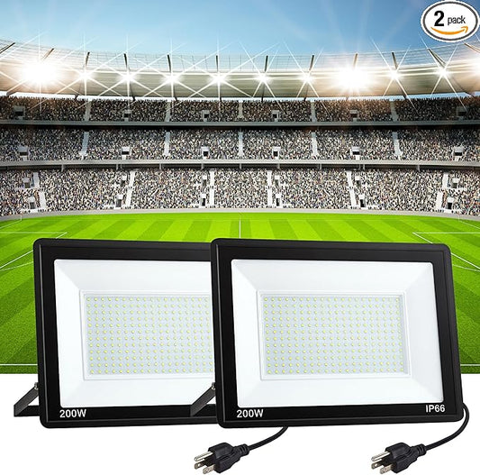 2 Pack 200W LED Flood Light Outdoor Plug in,25000 LM Super Bright Security Lights,IP66 Waterproof 6000K Daylight White Stadium Lights,Floodlights for Garage,Yard,Garden,Playground