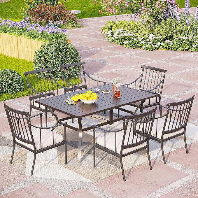 PHI VILLA 7 Piece Outdoor Dining Set with Cushion, 60” Rectangular Metal Dining Table with Umbrella Hole & 6 Cushioned Iron Chairs for Patio, Deck, Yard