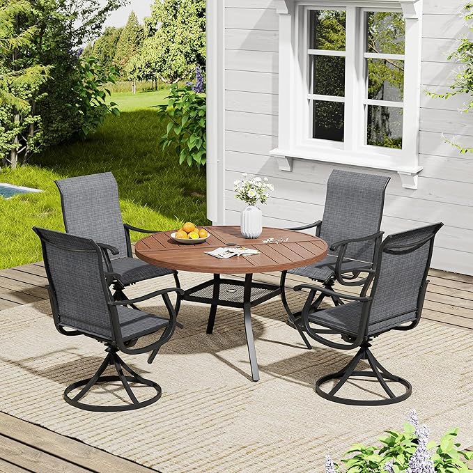 VICLLAX 5 Pieces Outdoor Dining Set, Patio Furniture Set of 4 Patio Swivel Dining Chairs and 40.6" Patio Spliced Round Tabletop with Storage Shelf, Dark Charcoal Chairs & Walnut Tabletop