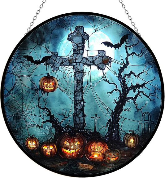 Halloween Crow Cross Suncatcher Stained Glass Window Hanging Handmade Stained Glass Suncatchers Decoration Metal Chain Outdoor Garden Decor Gift for Women Christmas Thanksgiving Gifts