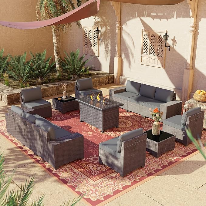 Outdoor Patio Furniture Set with Propane Fire Pit Table, 13 Pieces Outdoor Furniture Patio Sectional Sofa Conversation Sets w/ETL Approved 43" Gas Outdoor Fire Table & Coffee Table (Grey)