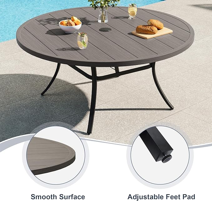 VICLLAX 50" Outdoor Round Patio Dining Table for 4-6, All Weather Metal Dining Table with Umbrella Hole for Deck Lawn Garden Backyard, Grey