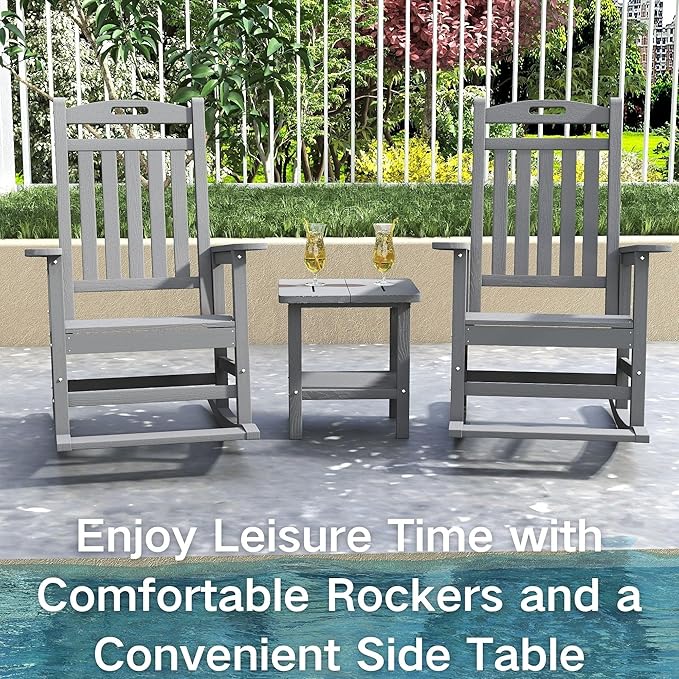 Kingdura Outdoor Rocking Chairs Set of 2, HDPE Plastic Patio Rocking Chair All-Weather Oversized Porch Rocker with High Back for Patio Outside Backyard Balcony (Grey)