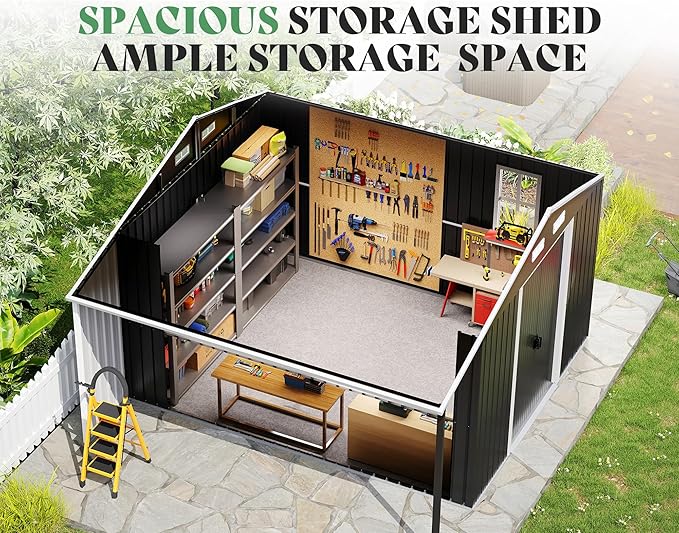 Jocisland Outdoor Storage Shed 10.6x10.3x6.3 FT, Rolling Door Shed with Dual 4-Pane Windows for Wood Storage, Dark Grey/White