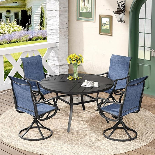 DIFY 5 Pieces Outdoor Patio Dining Set, 4 Blue Textilene Swivel Dining Chairs and 40.6" Black Round Metal Dining Table, Outdoor Table and Chairs
