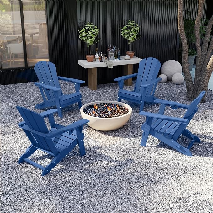 Kingdura Foldable Adirondack Chair, Portable HDPE All Weather Resistant Outdoor Patio Chair, Wooden Textured with Cup Holder, 380LBS Capacity for Poolside, Backyard, Deck, Fire Pit (Navy Blue)