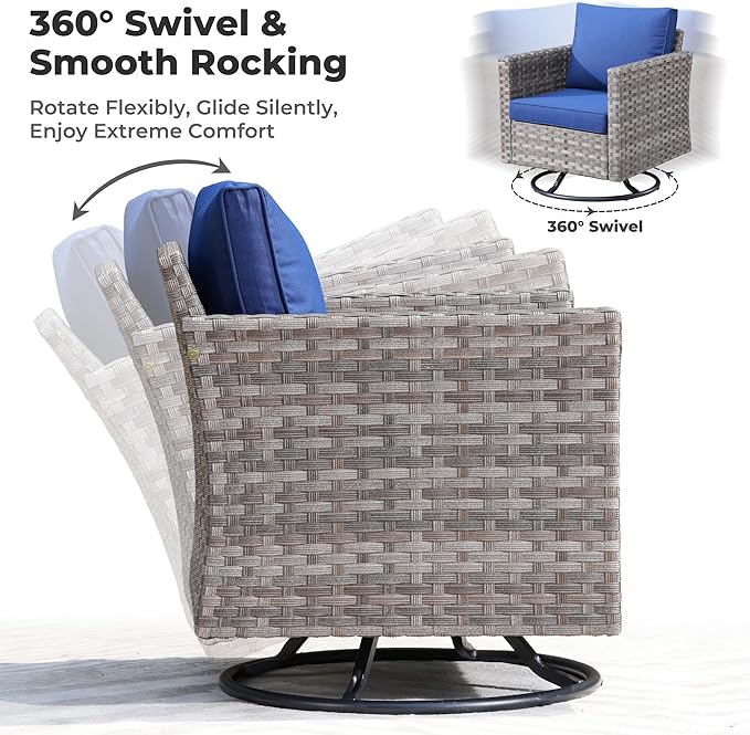 ovios 10 Pieces Patio Furniture Set, Outdoor Wicker Sectional Sofa with 42" Fire Pit Table Swivel Chairs, Modern Modular Deep Seat Rattan Couch Conversation Sets, Navy Blue