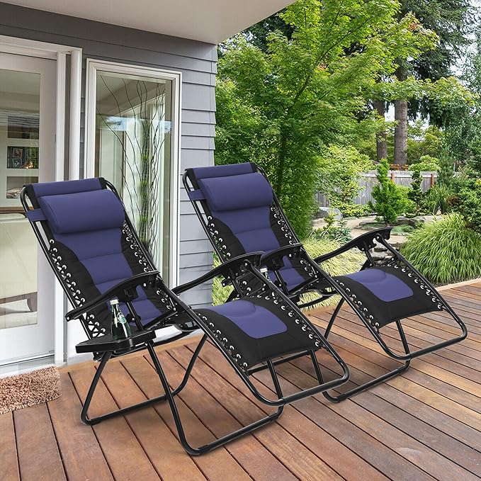 MAISON ARTS Padded Zero Gravity Lawn Chairs Set of 2 Foldable Patio Recliners Anti Gravity Lounge Chairs w/Pillow & Cup Holder Outdoor Camp Chairs for Poolside Backyard Beach, Blue