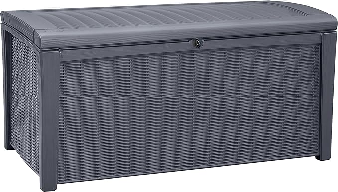 Keter Borneo 110 Gallon Storage Box, All-Weather Wicker Rattan-Style Resin Deck Box and Stylish Outdoor Bench with Piston-Assisted Lockable Lid, Grey