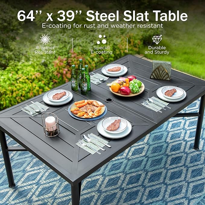 PHI VILLA 7 Piece Outdoor Patio Dining Set, 6 Swivel Patio Chairs & 1 Rectangular Large Metal Table, All Weather Dining Furniture Set for Lawn Garden (Gray)