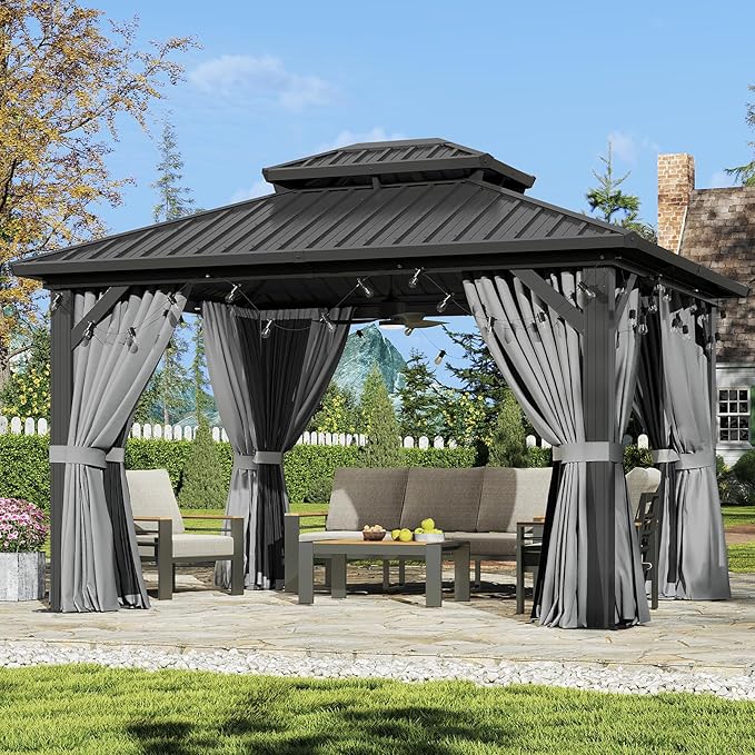 Aoxun 12'x10' Hardtop Gazebo, Aluminum Frame Permanent Pavilion with Curtains and Netting, Outdoor Galvanized Double Roof Canopy, Designed for Garden, Lawns, Patio, with Ground Nails
