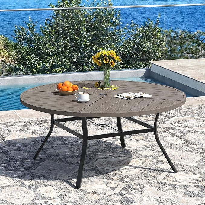 DIFY 59.8" Round Outdoor Patio Dining Table for 8-10, All-Weather Metal Steel Slatted Patio Table with 1.57" Adjustable Umbrella Hole, for Lawn Garden Porch Backyard, Grey Wood-Like