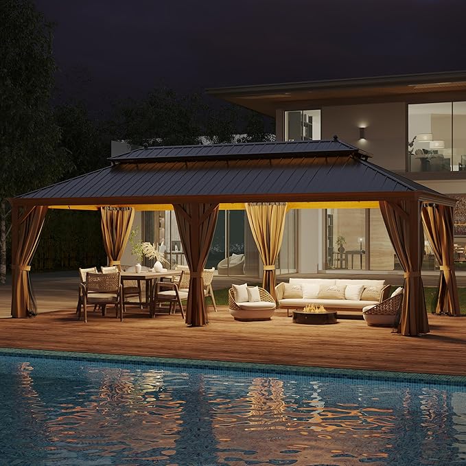 12' X 24' Hardtop Gazebo, Aluminum Wood-Looking Frame Outdoor Permanent Galvanized Steel Double Roof Pavilion Pergola Canopy with Privacy Curtains for Garden, Patio, Backyard, Deck and Lawns.