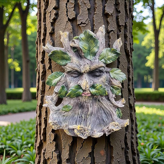 Whimsical Tree Face Garden Decoration ，Tree Faces Decor Outdoor Wallmounted Statue Art with Leaf Features, Outdoor Decor Garden Accessory (Home Decor)