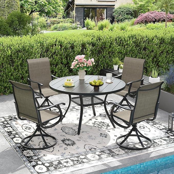 DIFY 5 Pieces Outdoor Patio Dining Set, 4 Brown Textilene Swivel Dining Chairs and 40.6" Black Round Dining Table, Metal Outdoor Table and Chairs
