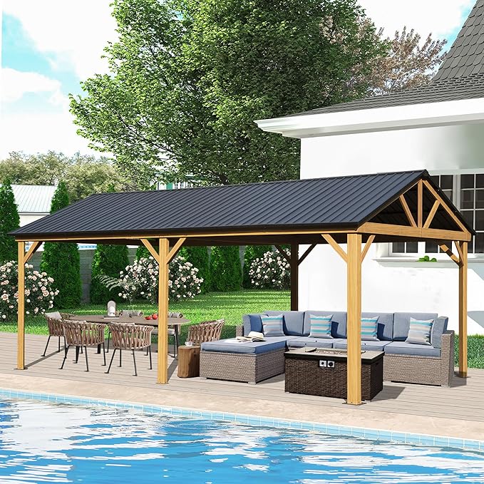 Domi 12' x 20' Hardtop Gazebo with Galvanized Steel Gable Roof, Pergola with Wood-looking Aluminum Frame, Permanent Pavilion Outdoor Gazebo with Ceiling Hook for Deck Patio Lawn Yard Backyard Grill