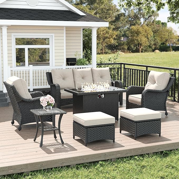 LayinSun 7 Piece Wicker Outdoor Furniture Set with 6-inch Comfy Cushions, High Back Patio Furniture Set with Rattan Armchairs and Fire Pit Table