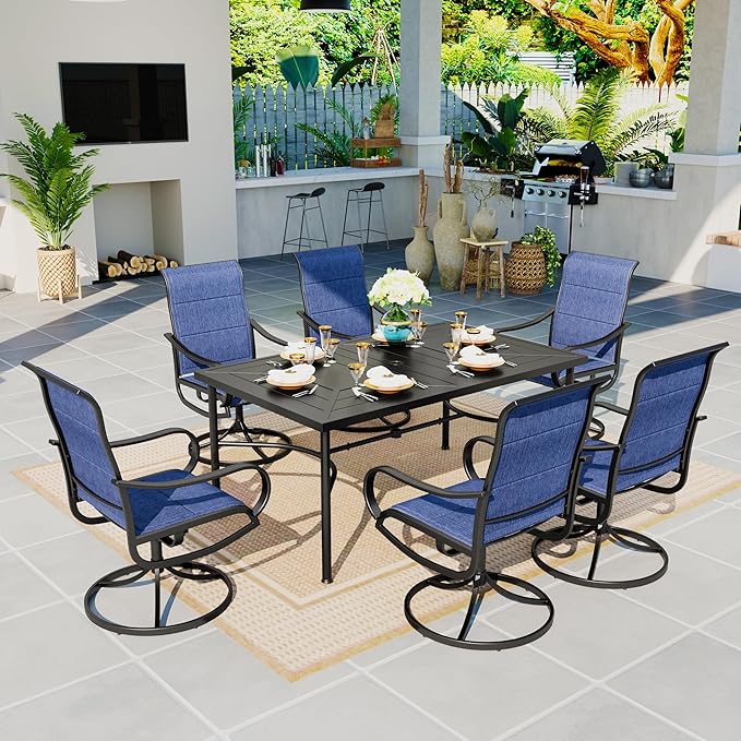 Sophia & William 7 Pieces Outdoor Patio Dining Set, 6 x Swivel Patio Dining Chairs and 64" Metal Dining Table, Outdoor Table and Chair Furniture Dining Set Support 300lbs（Blue）