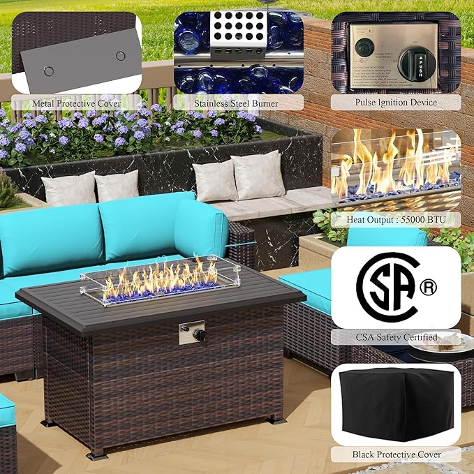 Outdoor Patio Furniture Set with Propane Fire Pit Table, 8 Pcs Outdoor Furniture Patio Sectional Sofas Conversation Sets w/ETL Approved 43" Gas Outdoor Fire Table & Coffee Table Turquoise