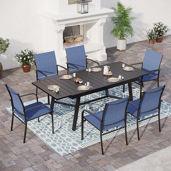 Outdoor Dining Chairs Blue Set of 6,61.4x37.4x29.5” Rectangular Dining Table（Extendable）,Patio Dining Set 7 PCS,Patio Dining Set for Outdoor Kitchen Lawn Garden,Bistro,Deck.