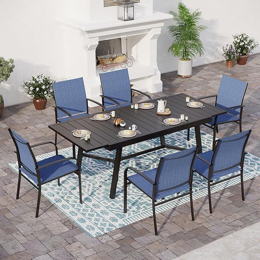 Outdoor Dining Chairs Blue Set of 6,61.4x37.4x29.5” Rectangular Dining Table（Extendable）,Patio Dining Set 7 PCS,Patio Dining Set for Outdoor Kitchen Lawn Garden,Bistro,Deck.