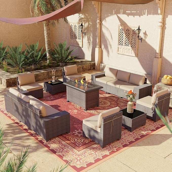 Outdoor Patio Furniture Set with Propane Fire Pit Table, 13 Pieces Outdoor Furniture Patio Sectional Sofas Conversation Sets w/ETL Approved 43" Gas Outdoor Fire Table & Coffee Table (Brown).