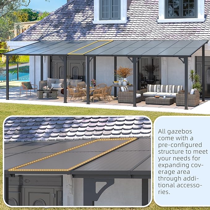AECOJOY 14' x 12' Gazebo Outdoor Pergola for Patio, Large Wall-Mounted Hard Top 12x14 Lean to Metal Gazebo Shelter Pergolas and Gazebos Clearance with Patio Roof, Heavy Duty Awnings for Patio, Decks