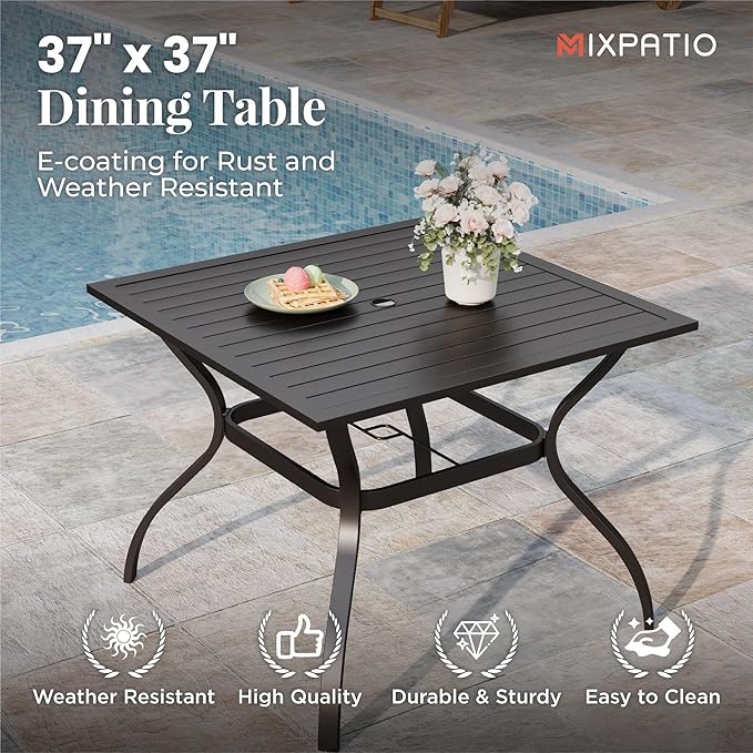 5 Pieces Patio Table and Chairs Set, 4 Person Outdoor Dining Furniture Set, 4 Blue Textilene Chairs and 37" Square Metal Table with Umbrella Hole, for Deck Backyard Lawn