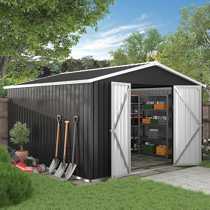 Amopatio 12x10 Storage Shed, Metal Sheds & Outdoor Storage for Bike, Garden Tools, with Lockable Door