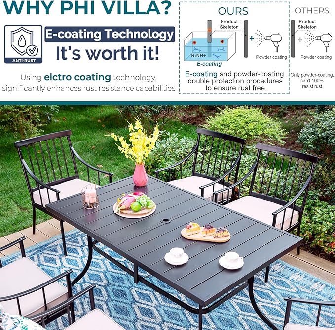 PHI VILLA 7 Piece Patio Dining Table Set with Cushion, Large Rectangular Metal Dining Table with Umbrella Hole & 6 Cushioned Iron Chairs for Outdoor, Deck, Yard