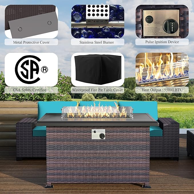 Patio Furniture Set with Propane Fire Pit, 7-Piece Outdoor Sectional Sofa Conversation Set w/ETL Approved 43" Gas Fire Table & Coffee Table - Turquoise