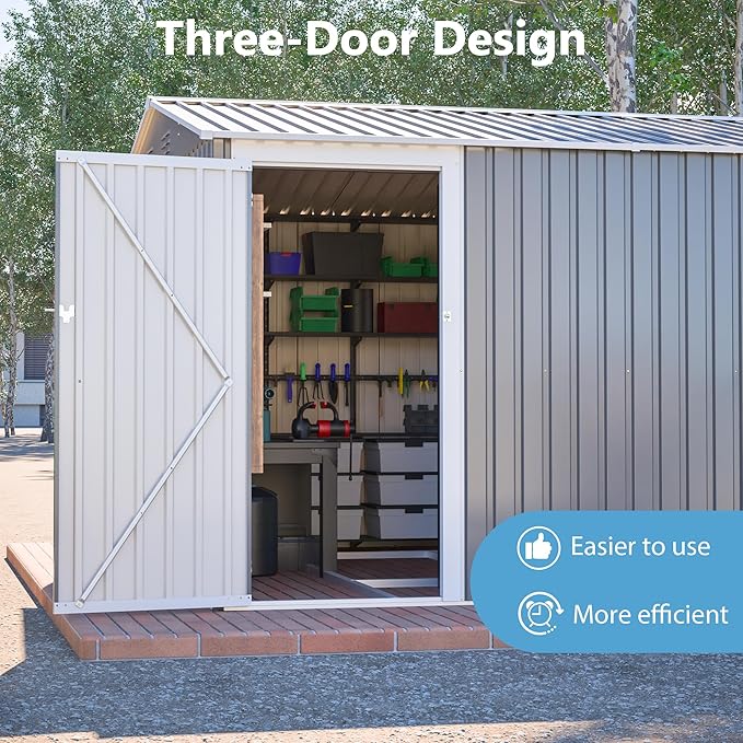 10x14 FT Outdoor Metal Storage Shed, Large Garden Shed Tool Shed with 3 Lockable Doors & Side Door, Waterproof Yard Building with 4 Air Vents for Backyard, Patio, Light Gray