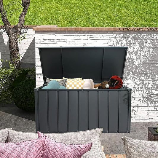 Heavy-Duty Outdoor Metal Storage Box Dark Gray Lockable Water-Resistant Deck Box for Patio Garden Tools Organization Rust-Resistant Outside Storage Box (100 Gallon)