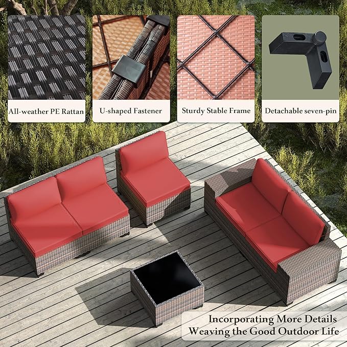 Outdoor Patio Furniture Set with Propane Fire Pit Table, 7 Pieces Outdoor Furniture Patio Sectional Sofa Conversation Sets w/ETL Approved 43" Gas Outdoor Fire Table & Coffee Table RED.