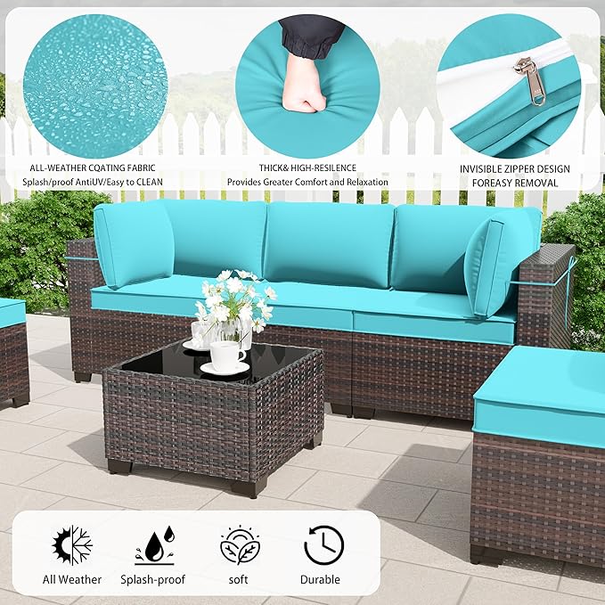Outdoor Patio Furniture Set, 14 Pieces Outdoor Furniture All Weather Patio Sectional Sofa PE Wicker Modular Conversation Sets with Coffee Table,12 Chairs & Seat Clips(Turquoise Blue)