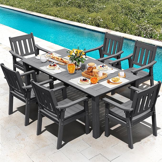 YEFU HIPS Patio Table Set: 7 Piece Outdoor Table and Chairs Dining Furniture Set with Umbrella Hole - Gray Modern Plastic Dining Sets 6 Person for Outside Deck with Metal Aluminum Frame