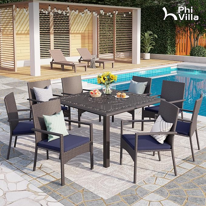 PHI VILLA 9 Pieces Outdoor Cast Aluminum Dining Set for 8, Square Metal Dining Table with Umbrella Hole & Cushioned Wicker Rattan Chairs, Dining Furniture Set for Patio, Deck, Yard and Porch