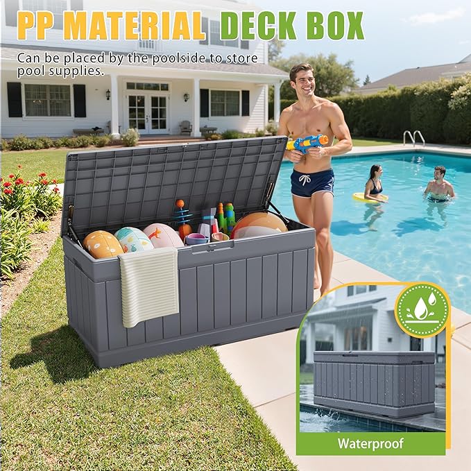 Greesum 82 Gallon Resin Deck Box Large Outdoor Storage for Patio Furniture, Garden Tools, Pool Supplies, Weatherproof and UV Resistant, Lockable, Gray