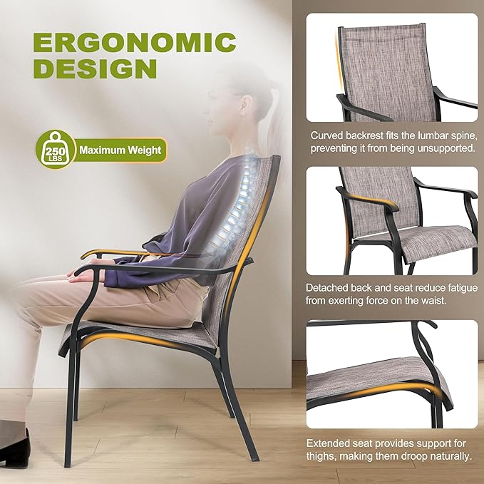 NUU GARDEN Outdoor Dining Chair Set of 2, Breathable Textilene Fabric and Aluminum Frame with Backrest and Armrests, Quick-Dry and Rust-Resistant, Patio Chairs for Lawn, Garden, Grayish Brown