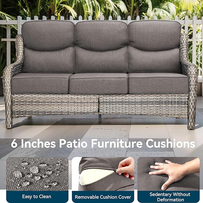 Luxury High Back Outdoor Furniture 6-Inch Thick Cushions with 50,000 BTU Gas Propane Fire Pit Tablet, Patio Furniture Set with Swivel Chairs, 6 PCS for Porch, Balcony, Deck and Yard