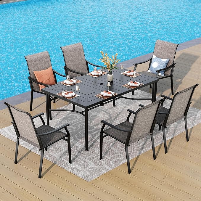 PHI VILLA 7 PCS Outdoor Dining Table and Chairs,Sling Chairs with Textilene Fabric and Large Metal Table with Umbrella Hole,Durable,Sturdy and Rustproof Outdoor Furniture Set for Outside,Garden