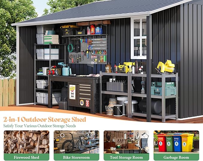 AMERLIFE 10.6x10.3x6.3 FT Galvanized Metal Storage Shed with Open Firewood Storage Area, Sliding Doors & Ramp, 2 Windows & Vents, Weather-Resistant Outdoor Tool/Garden Shed, Dark Gray