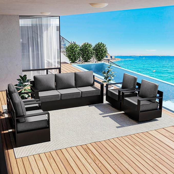 Outdoor Patio Furniture Set, 5-Piece Aluminum Patio Conversation Set All-Weather Metal Outdoor Sectional with 6 Inch Thick Cushions, Deep Setting for Garden, Outside and Porch