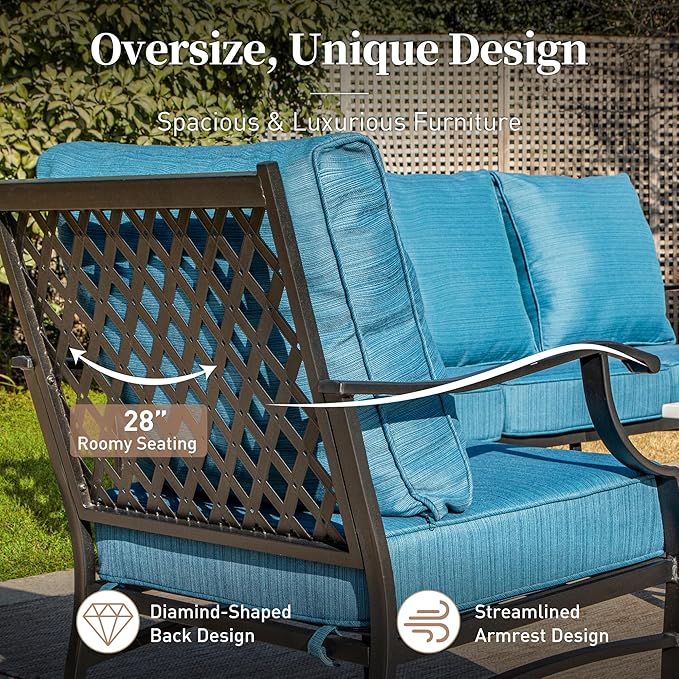 7 Piece Metal Outdoor Patio Furniture Sets, Patio Conversation Sets 3-seater Sofa, 2 Fixed Chair, 2 Rocking Chair, 2 Ottomans with 5.75" Thick Cushion, Black Backyard Furniture, Blue-2