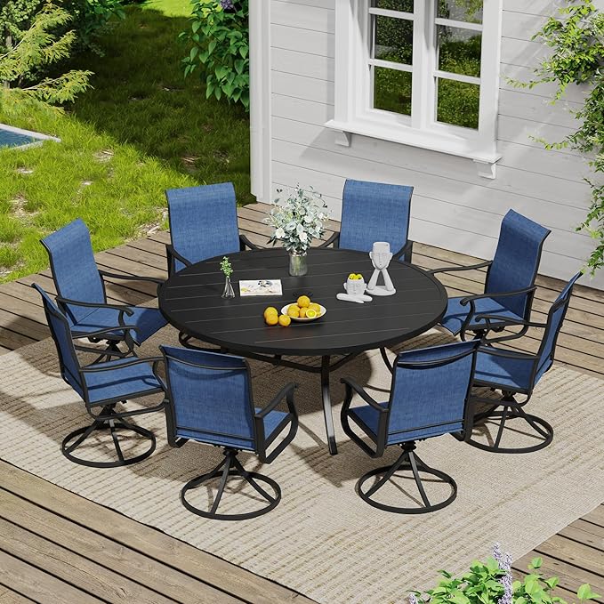 VICLLAX Outdoor Patio Round Dining Table, 60"x 60" Metal Slatted Round Tabletop with Adjustable Umbrella Hole for Deck Lawn Garden Backyard, Black