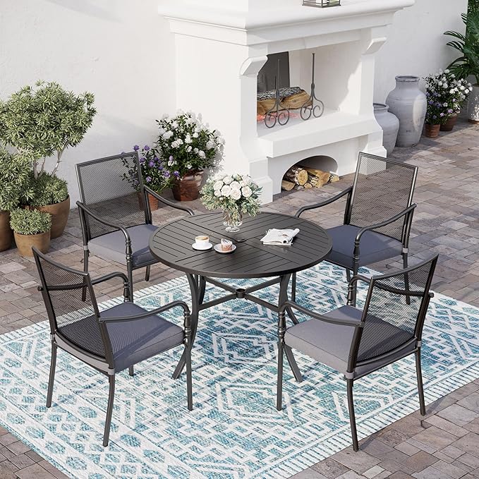 Patio Table and Chairs Set of 4, All-Weather Breathable Metal Mesh Patio Chair with Gourd-Shaped Armrests, 42x42 Round Table with Umbrella Hole, 5 Pcs Metal Frame Patio Dining Set